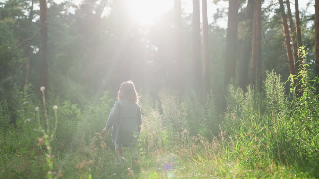 Back view of young girl walking slowly through green grass under warm sunlight in peaceful forest, soft sun rays and tiny flying insects surrounding her, symbolizing innocence, and calmness