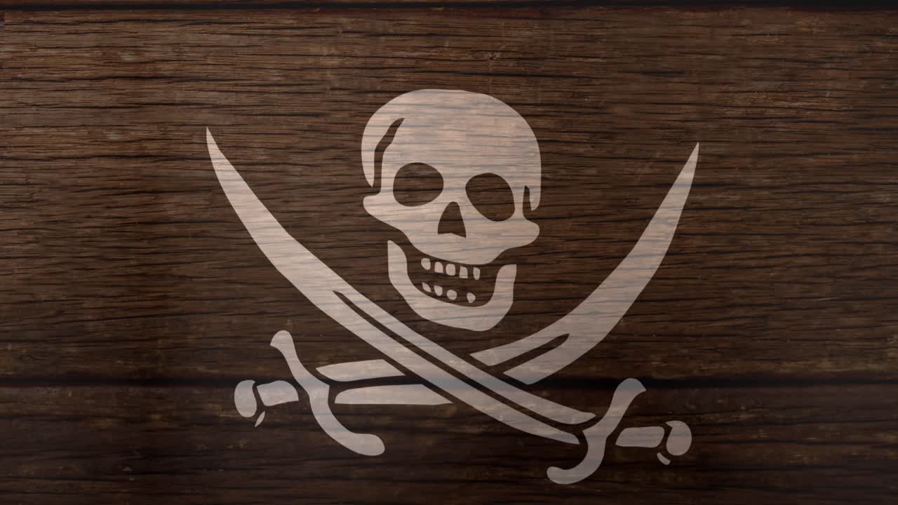 Animación de bandera pirata ondeando sobre superficie de madera
