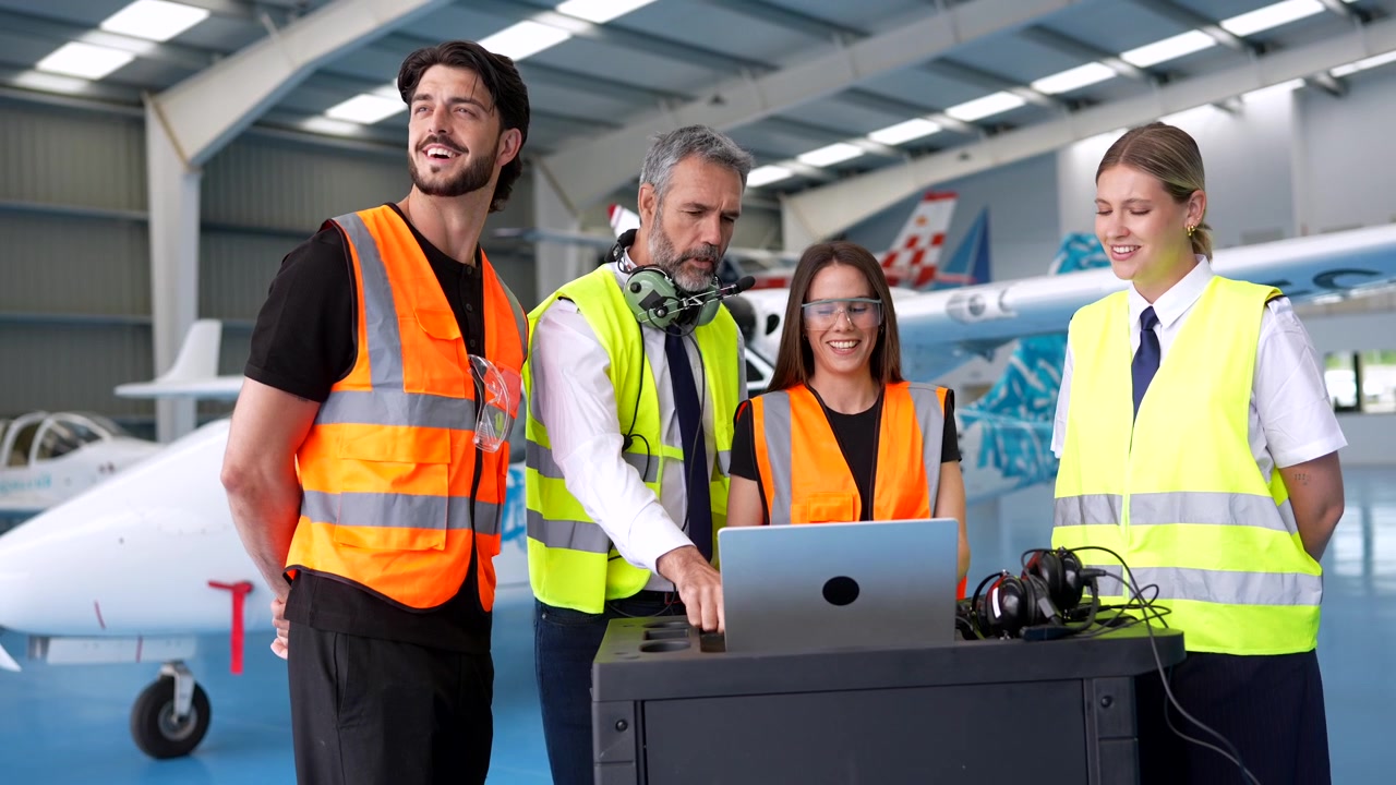 Profesionales de la aviación discutiendo planes en un portátil en un hangar