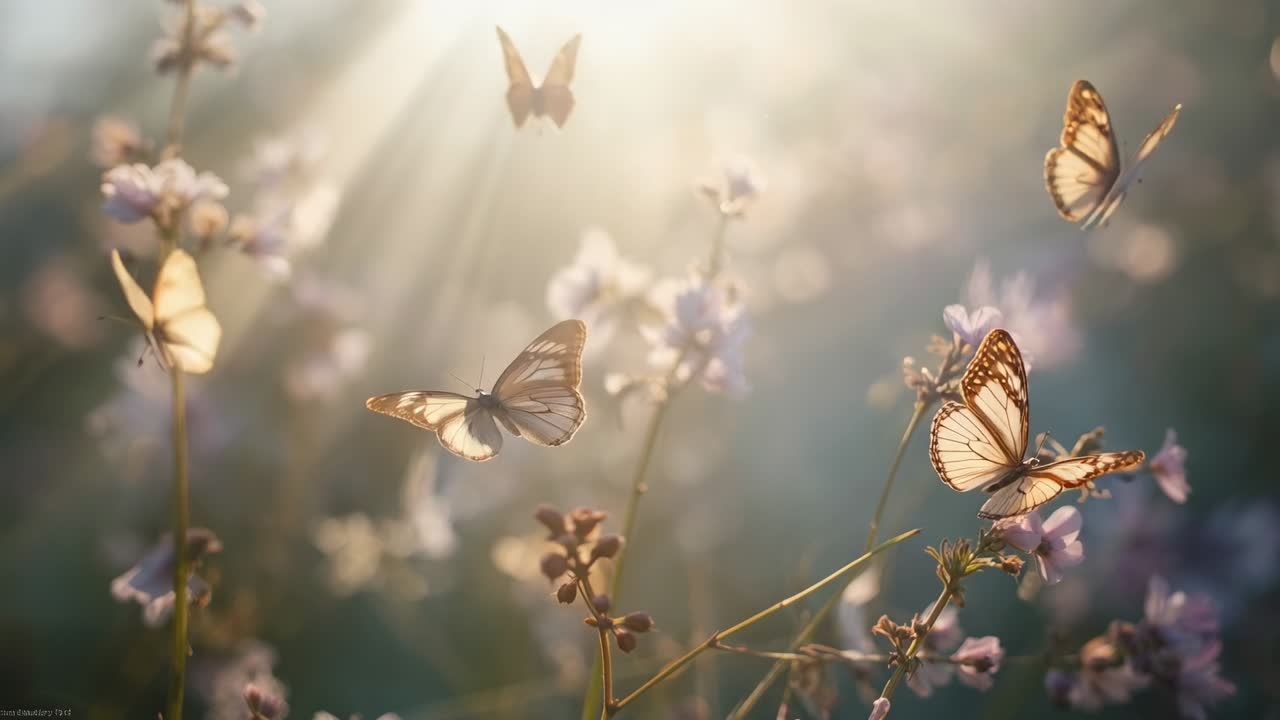 Farfalle arancioni che svolazzano tra steli alti, raggi di sole che illuminano le ali e fioriture viola.