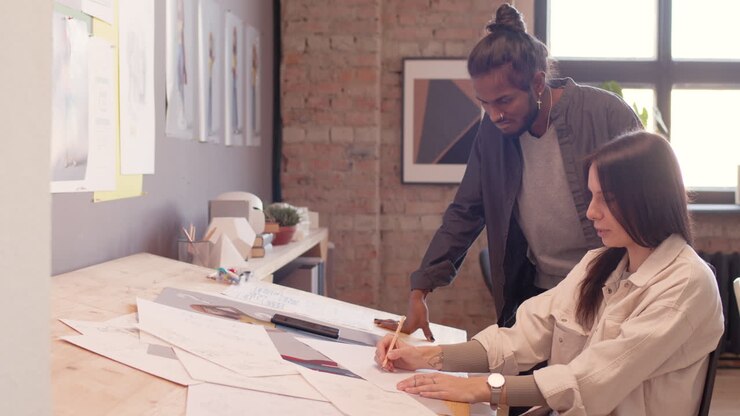 Female Graphic Designer Sitting At Drawing Desk And Discussing New Project With Her Colleague In An Animation Studio 1
