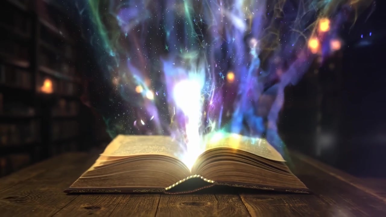 Libro aperto che emette luce magica e rivela un universo cosmico