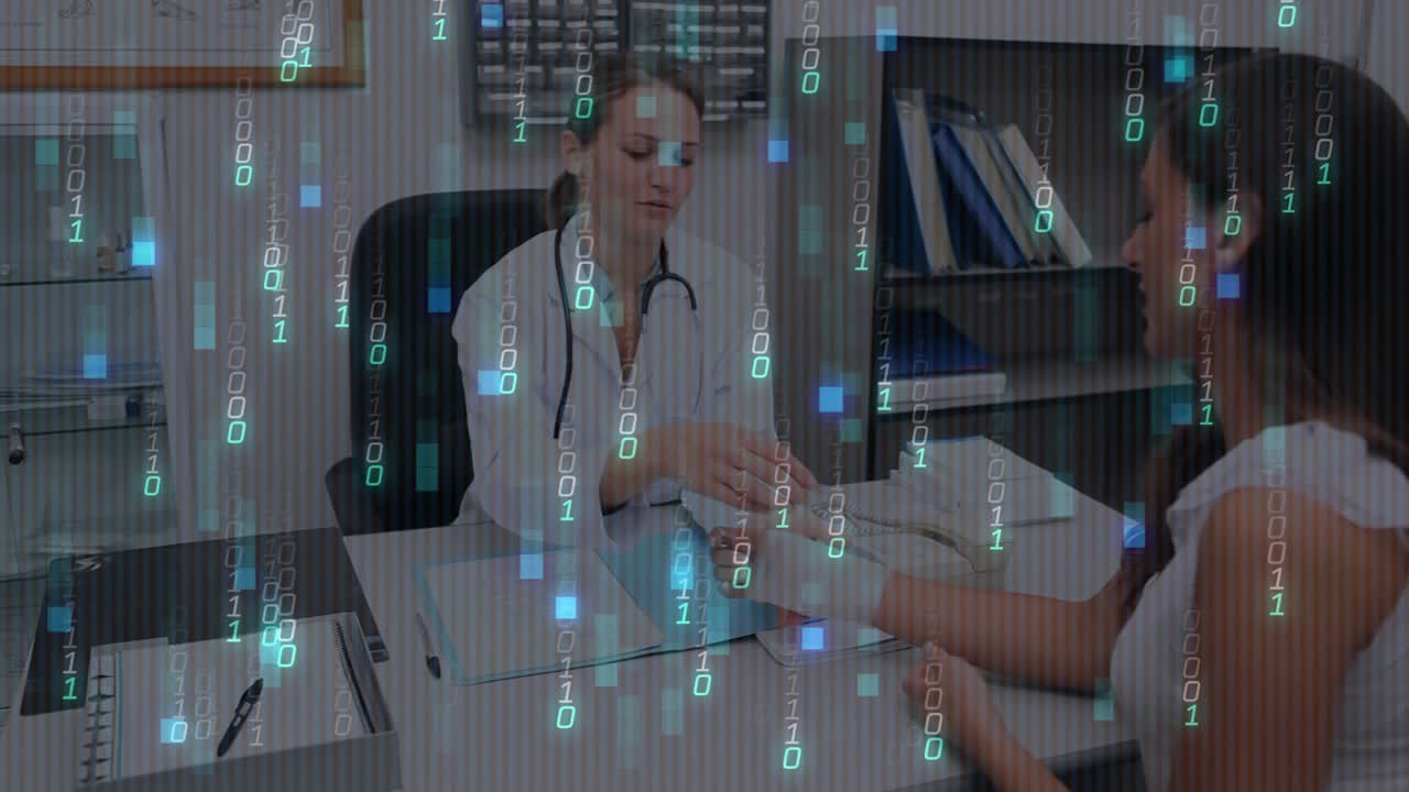 Doctor and patient exchanging paperwork in medical office, with animated chart icons floating