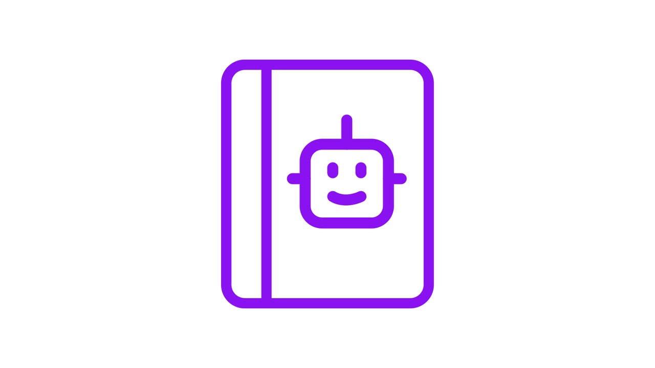 Animated Purple Outline Icon of a Robot on a Book