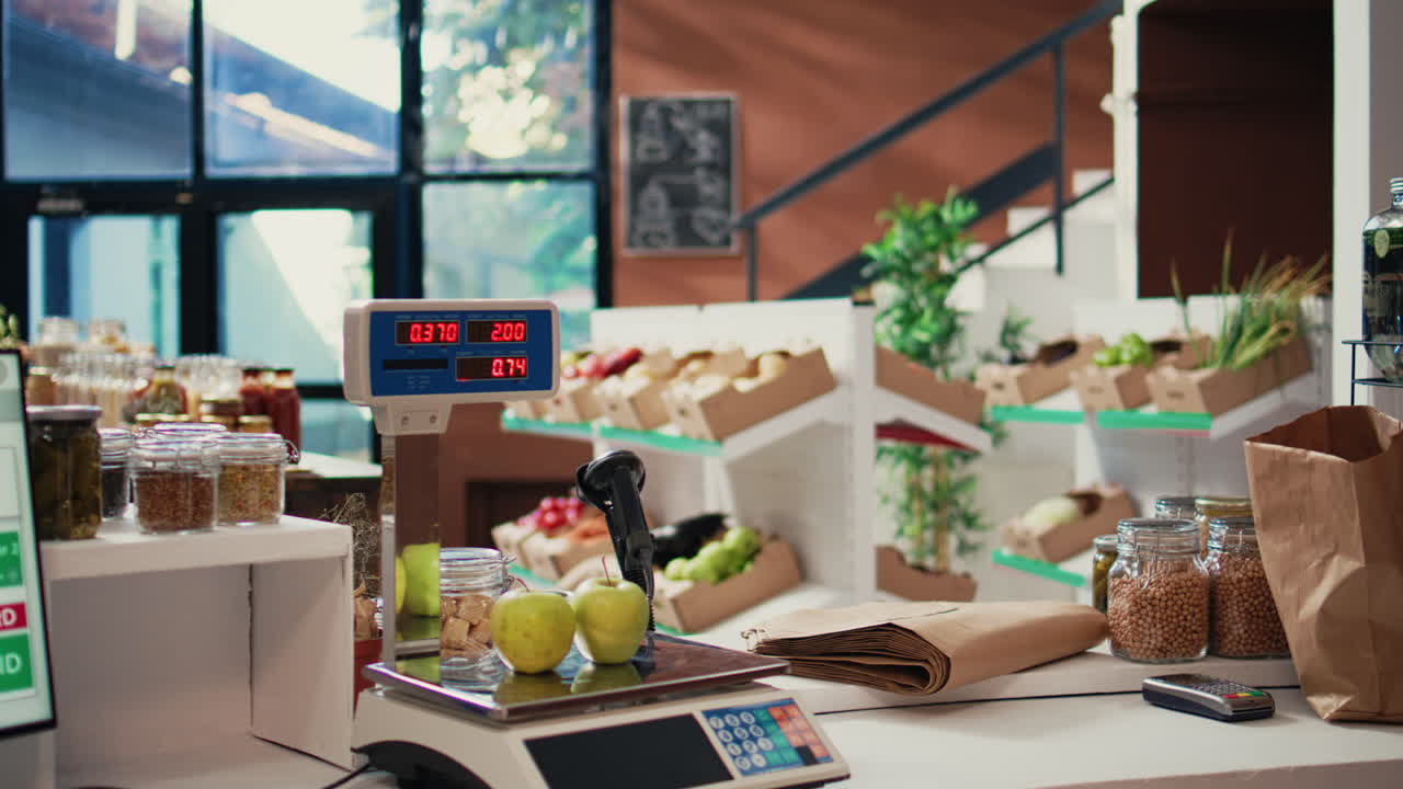 대량 물품 및 무게 물품을 판매하는 데 사용되는 식료품 상점 척도
