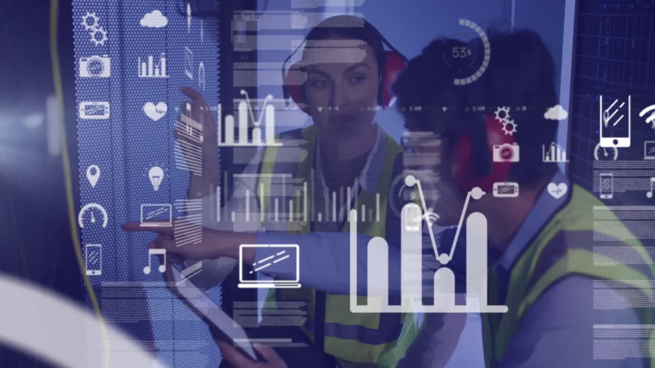 Animation of data processing, diverse male and female it engineers with tablet by computer servers