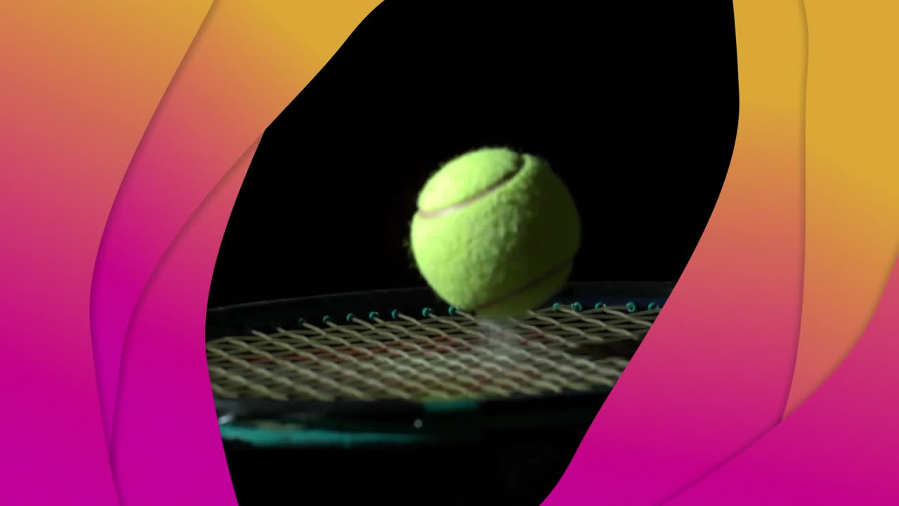 Flat design tennis ball hovering above racket strings, pink orange shapes flowing on dark backdrop