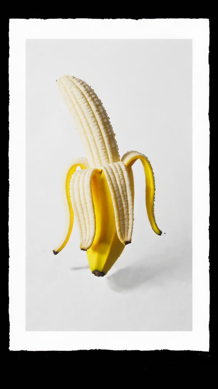 A partially peeled banana on a white background
