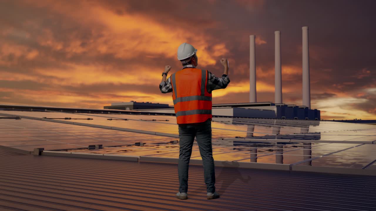 Tampak Belakang Seluruh Tubuh Seorang Insinyur Pria dengan Helm Keselamatan Mengangkat Tangannya Merayakan Sambil Bekerja, Memeriksa Panel Surya di Atap saat Matahari Terbenam