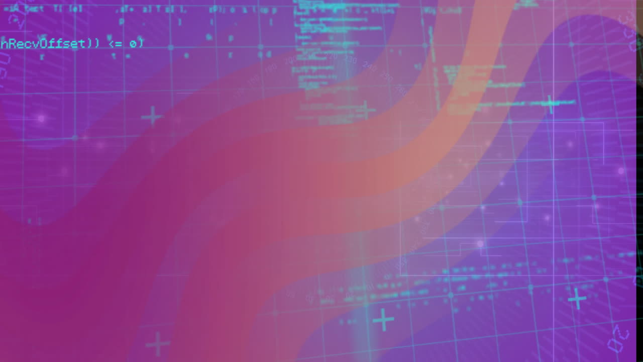 Code and data visualization animation over purple and pink abstract background
