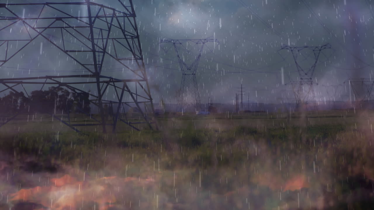 Animación de lluvia intensa, tormenta con relámpagos y nubes grises sobre torres eléctricas
