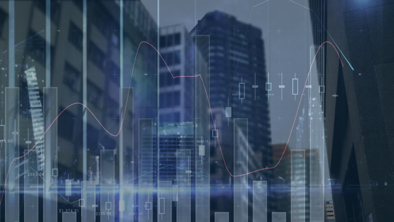 animación de estadísticas y procesamiento de datos financieros en edificios de oficinas