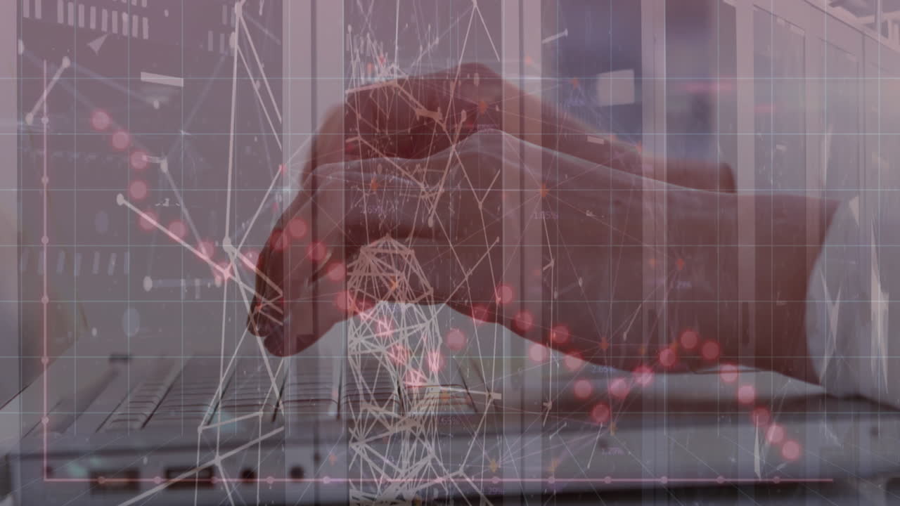 서버 과 키보드에서 손으로 타이핑하는 연결 네트워크의 애니메이션