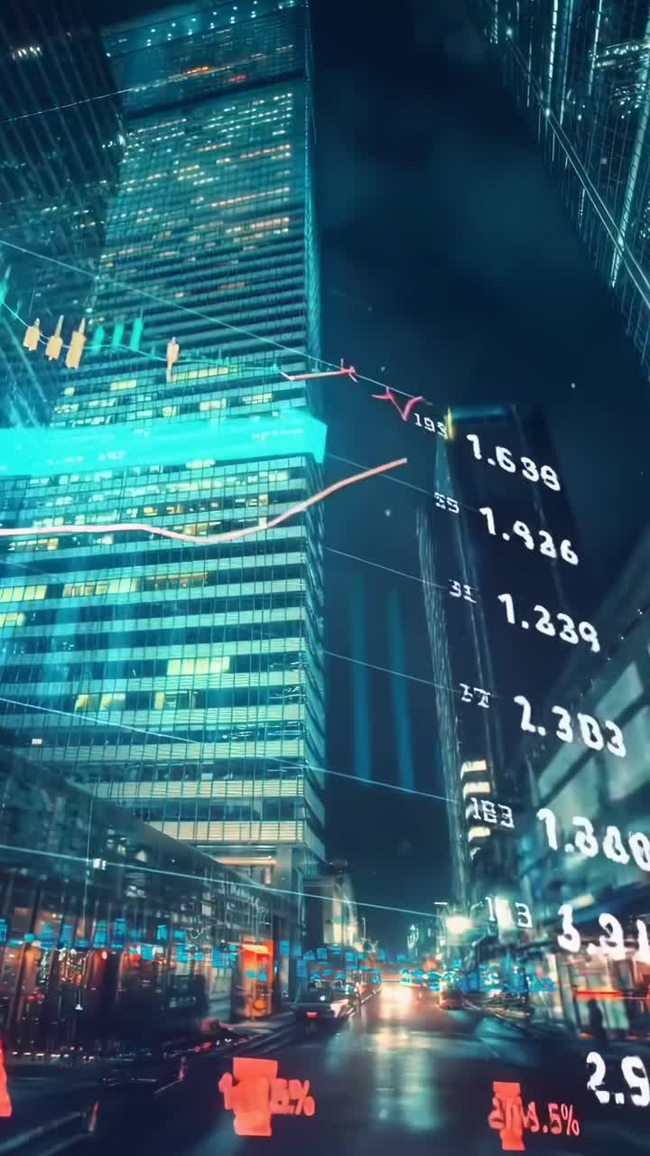 Dynamic video of a cityscape with a low-angle view, overlaid with stock market graphs