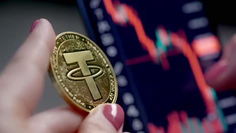 female finger holding tether golden cryptocurrency coin against financial stock price chart on screen