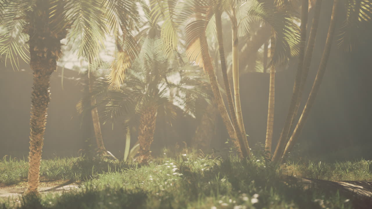 Dense tropical landscape with sunlight filtering through palm trees