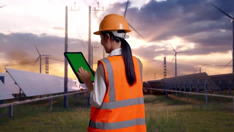 back view of asian female engineer with safety helmet working on a green screen tablet and looking around with solar panel and wind turbines