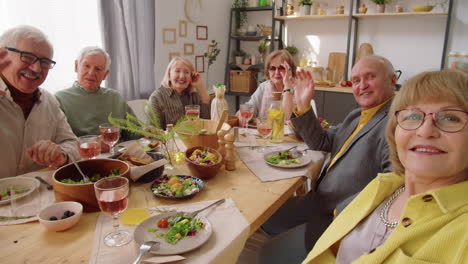 senior friends posing for selfie at dinner table