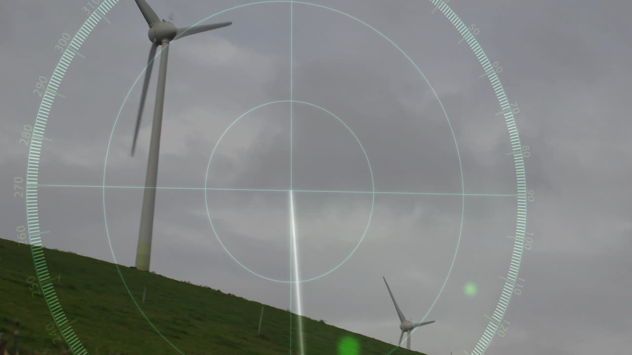 White wind turbines being animated on sloping hill, showing radar HUD overlay with degree ticks