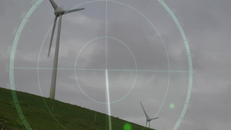 white wind turbines being animated on sloping hill, showing radar hud overlay with degree ticks