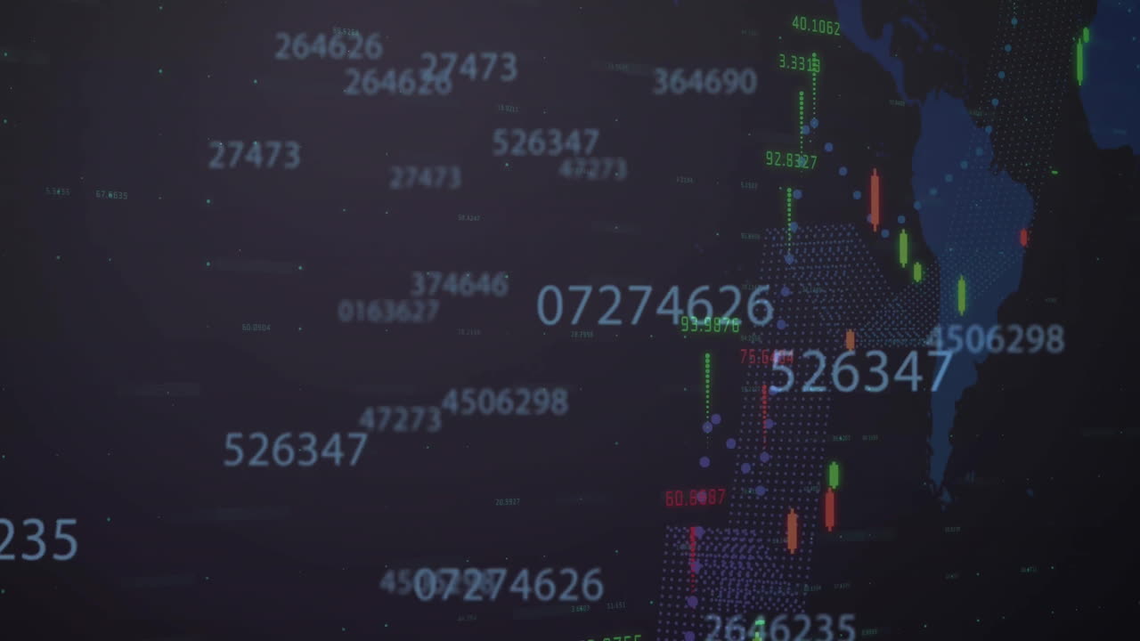 animación del procesamiento de datos financieros sobre el mapa del mundo