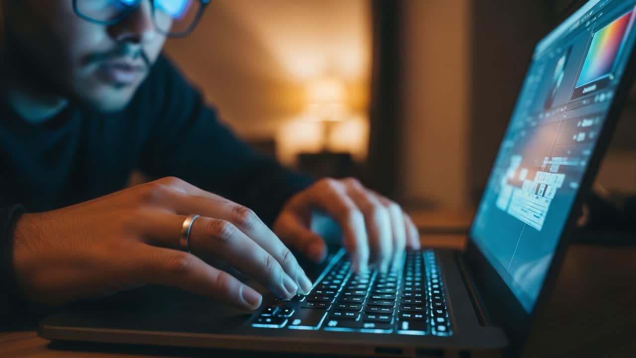 Focused Individual Engaged in Editing on Laptop at Night, Illuminated by Screen Light, Capturing a Moment of Creativity and Digital Skill Development