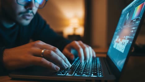 focused individual engaged in editing on laptop at night, illuminated by screen light, capturing a moment of creativity and digital skill development
