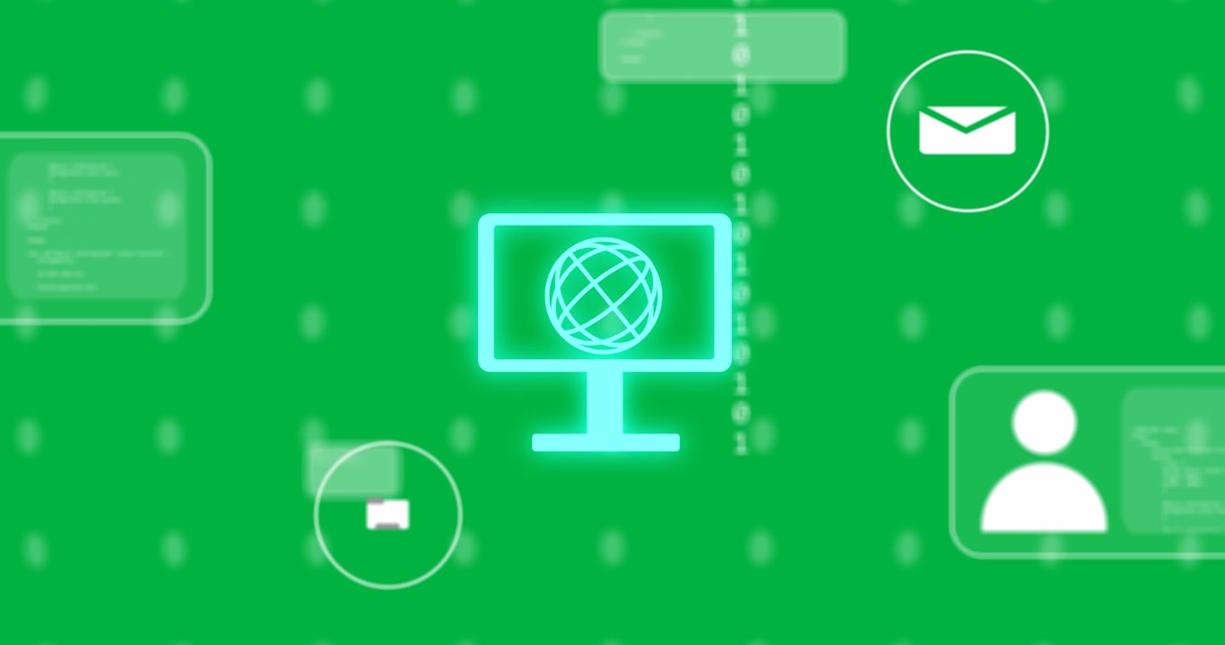Animation of business icons and data processing over transparent background