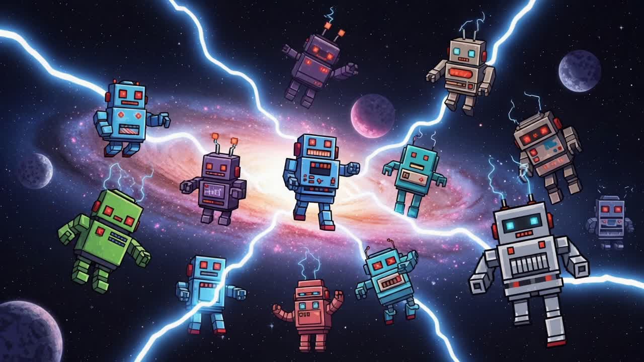 A Dynamic Gathering of Colorful Robots Amidst Galactic Thunderbolts: An Epic Encounter in a Cosmic Setting Full of Whimsical Energy and Playful Design