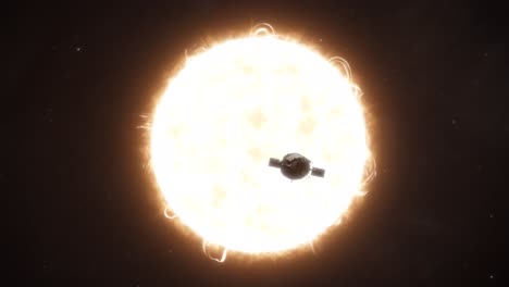 medium establishing shot of the parker solar probe orbiting the sun