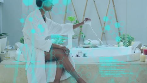 sitting on bathtub edge, woman in bathrobe with hexagonal pattern animation overlay