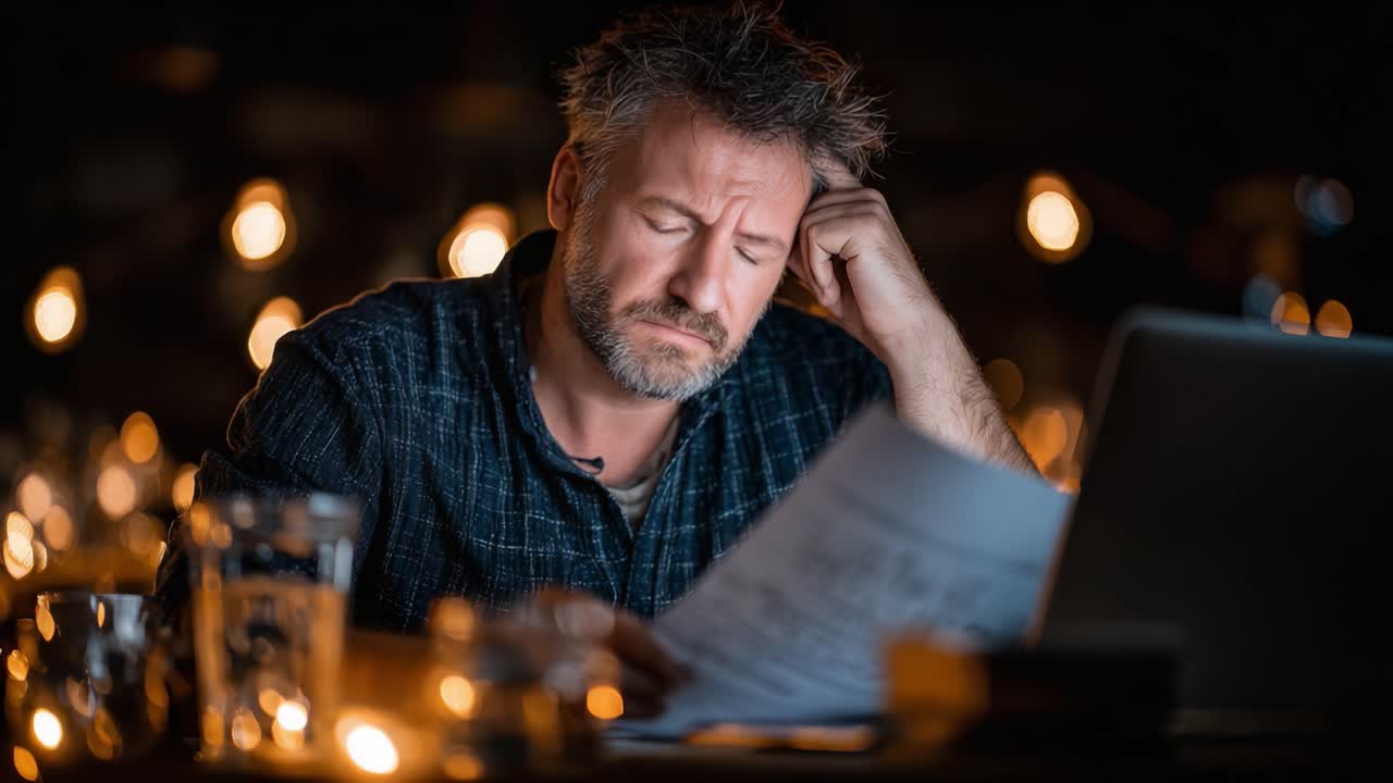 A Man Sits Contemplating Over Documents in a Dimly Lit Room, Surrounded by Warm Ambient Lights, Deep in Thought and Reflection