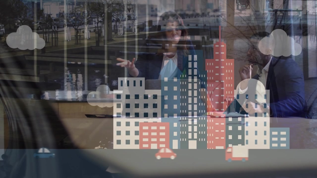 Animation einer Stadtlandschaft über Geschäftsleuten im Büro