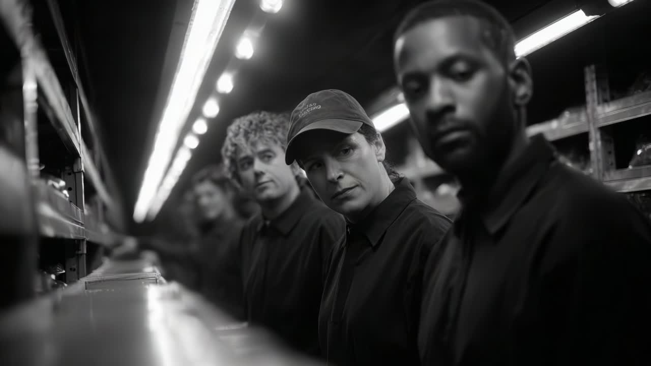 A Captivating Glimpse into Life Behind the Scenes: Three Individuals Engaged in Thoughtful Reflection Under Bright Lighting in a Warehouse-Like Setting, Each Lost in Their Own Thoughts and Experiences