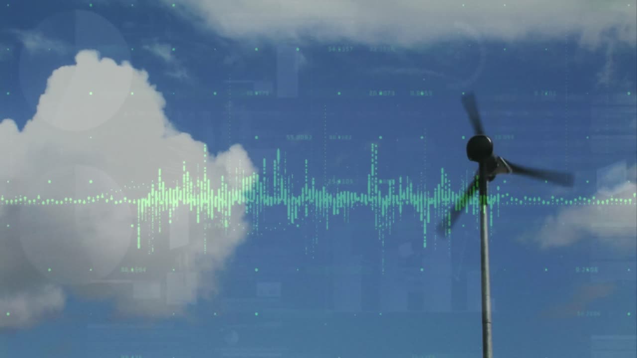 구름이 많은 파란 하늘을 배경으로 풍력 터빈을 통해 그래프와 데이터 처리의 애니메이션