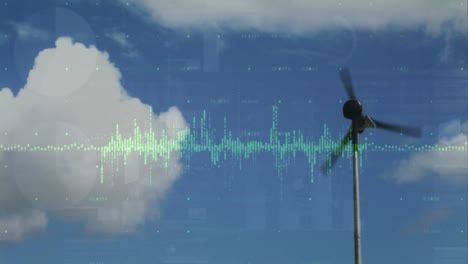animación de gráficos y procesamiento de datos sobre la turbina eólica contra un cielo azul nublado