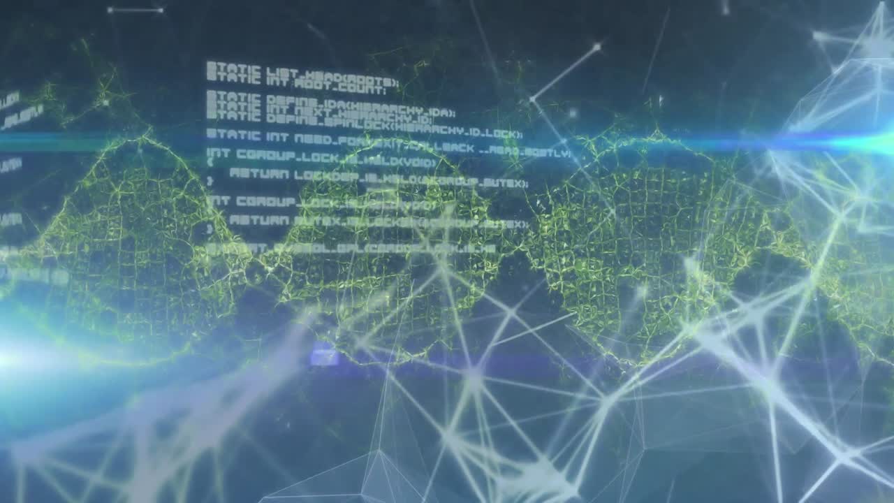 animazione della rete di connessioni con la catena di dna e elaborazione dei dati