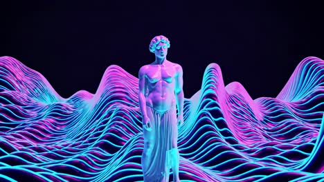 estatua antigua en un paisaje retro de neón