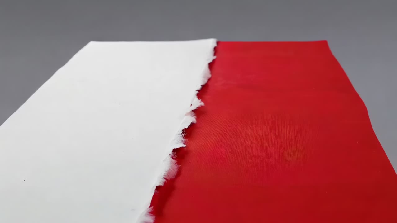Pulling camera closing in on torn white sheet at tabletop, revealing red substrate