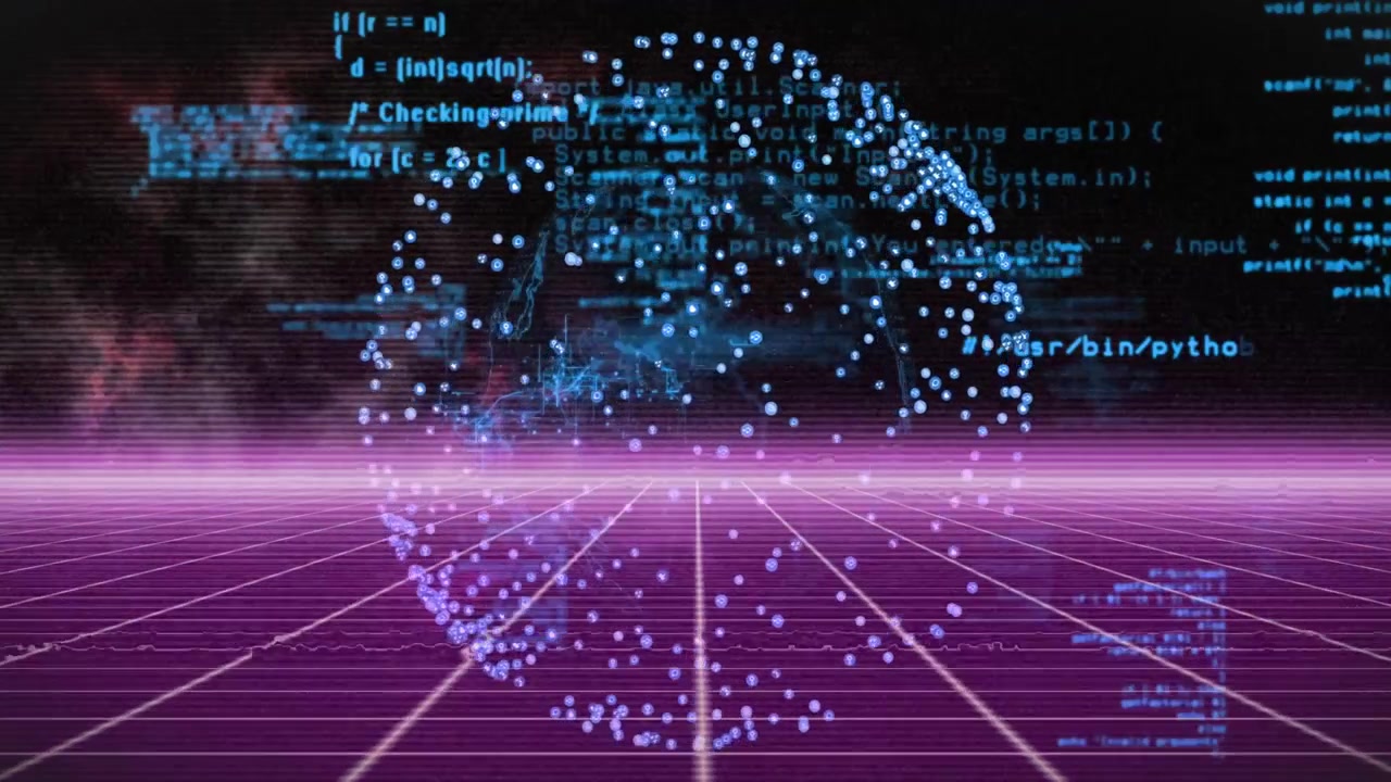 Pulsing magenta glow starting sphere rotating, Java Python C code drifting fading showing code flow