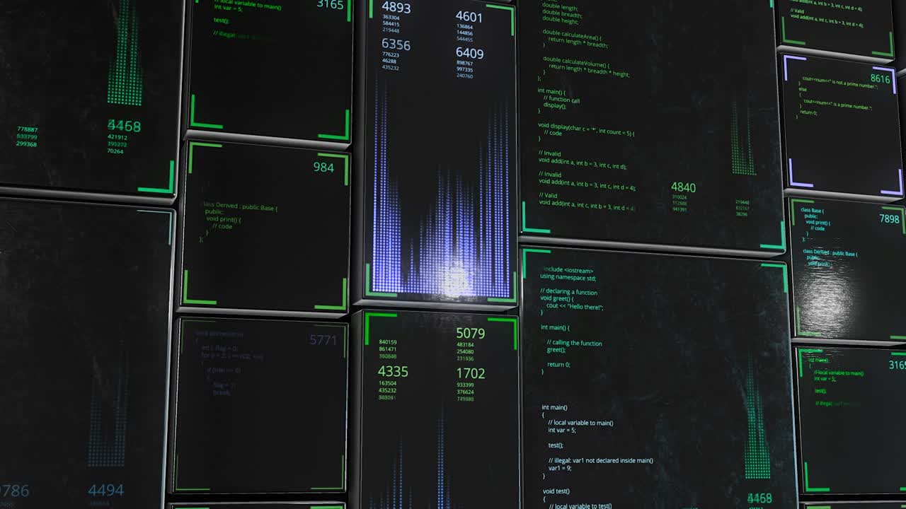 High-tech background with touch panels and digital data. Animation. 3D metal panels with touch numeric data move in rows. 3D panels with touch data