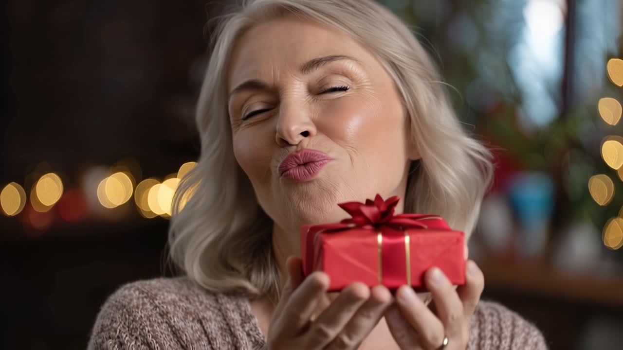 Una luce soffusa le brilla dietro. Tiene stretta una scatola regalo rossa. Le sue labbra accennano a un bacio delicato. Un'espressione calda e gioiosa le riempie il viso. Perfetto per temi di festa o compleanno. Ideale per momenti festosi, affettuosi.