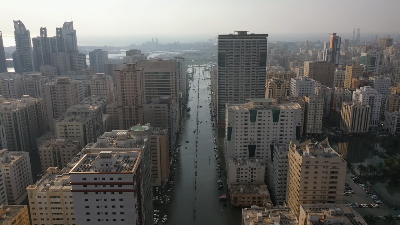 On April 17, 2024, an aerial view of the flooded roads and streets in Sharjah following record-breaking rains that hit the country