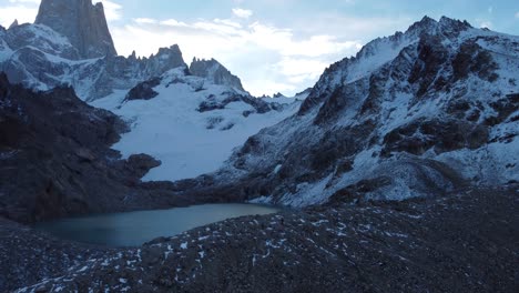 aerial view of fitz roy mountain and laguna de los tres in patagonia argentina - el chalten - santa cruz