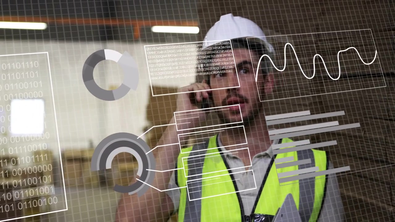 Warehouse lead taking phone call with clipboard donning hard hat HUD overlays showing stock for ops