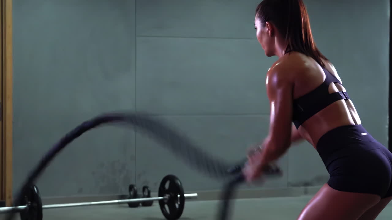 Female athlete attractive woman in sport clothes doing exercises with ropes in gym fitness training muscles sport concept
