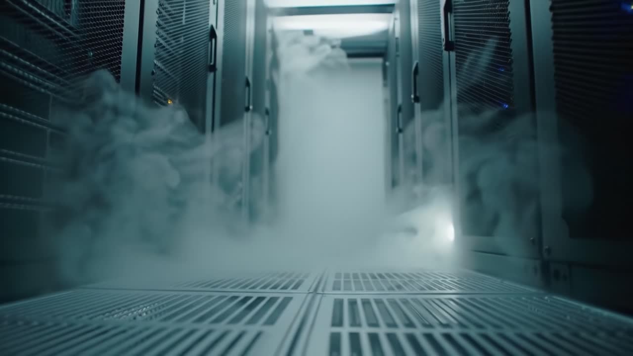 A power outage causes thick smoke to fill the air in a high-tech server room. The sound of alarms and flashing lights creates a tense atmosphere as technicians respond to the emergency.