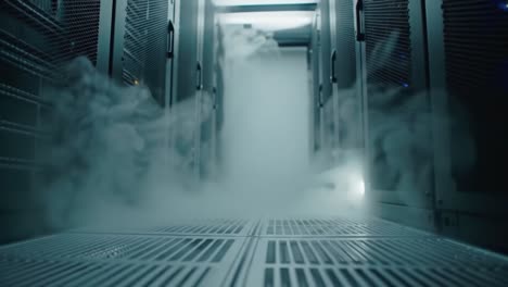 a power outage causes thick smoke to fill the air in a high-tech server room. the sound of alarms and flashing lights creates a tense atmosphere as technicians respond to the emergency.