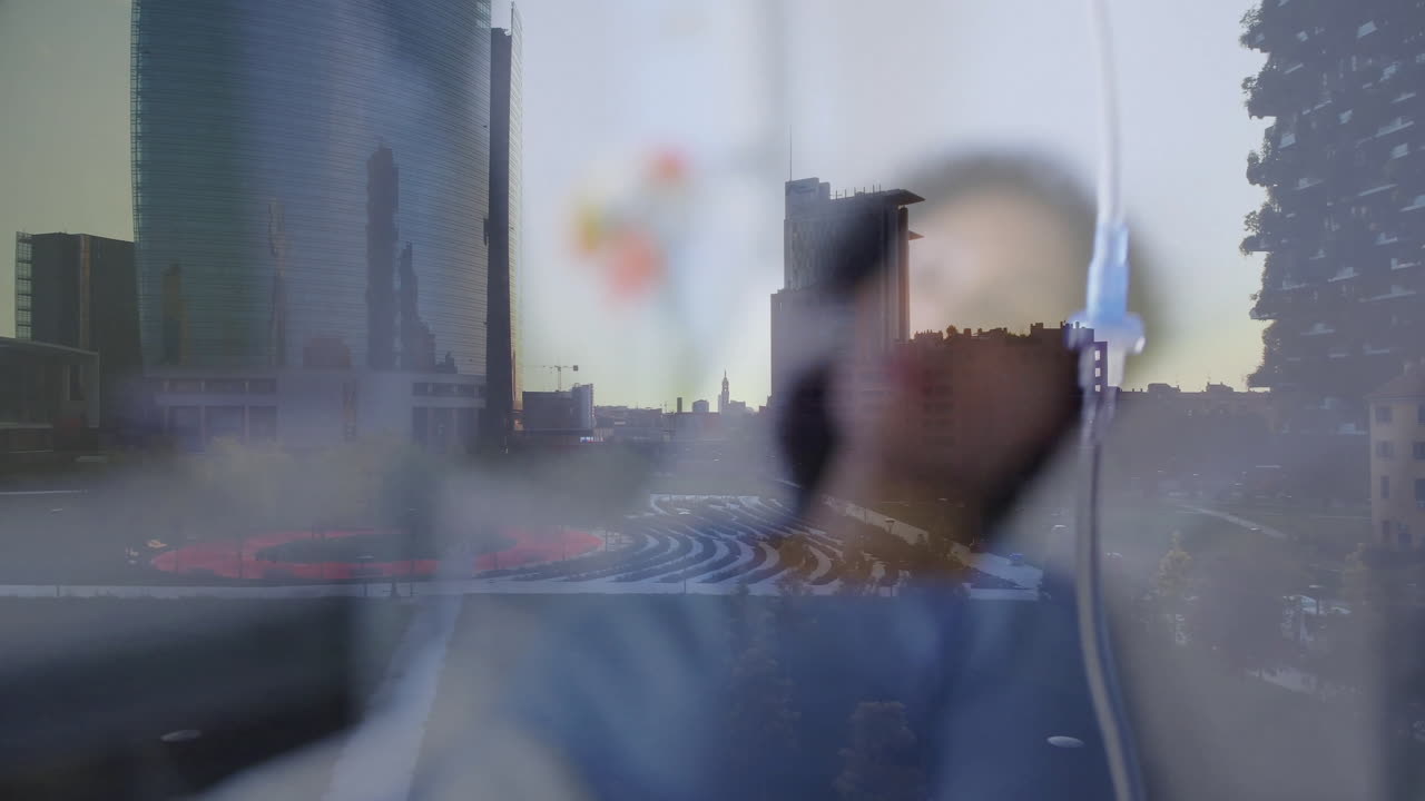 Animation of urban skyline blending with abstract shapes and reflections in layers