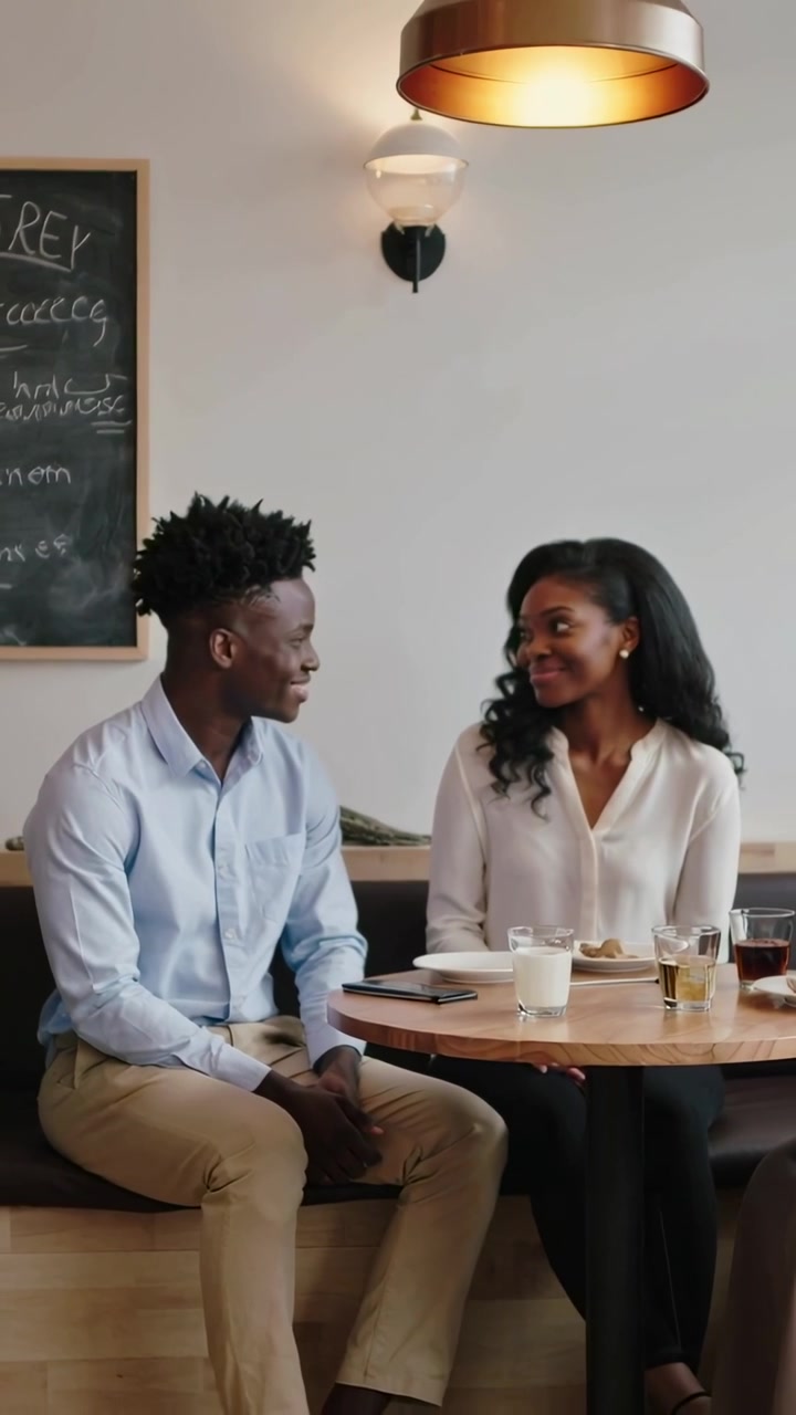 Vertical video: Talking man starting date chat at cafe, woman smiling, turning offscreen with phone